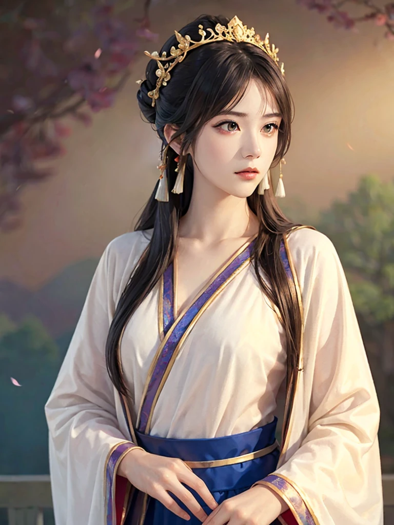 1 名A girl in Hanfu、There are exquisite patterns on Hanfu、beautiful girl、Delicate body, Exquisite eyes、Long hair,、Gorgeous hair ornaments, Han Dynasty landscape、Everlasting,、whole body、Three Kingdoms、 Background is solid color blur light background, Smoky environment, Adds a touch of mystery and drama to the scene. Soft and even lighting, Cast soft shadows, Create an atmosphere of seriousness and focus.A girl in Hanfu