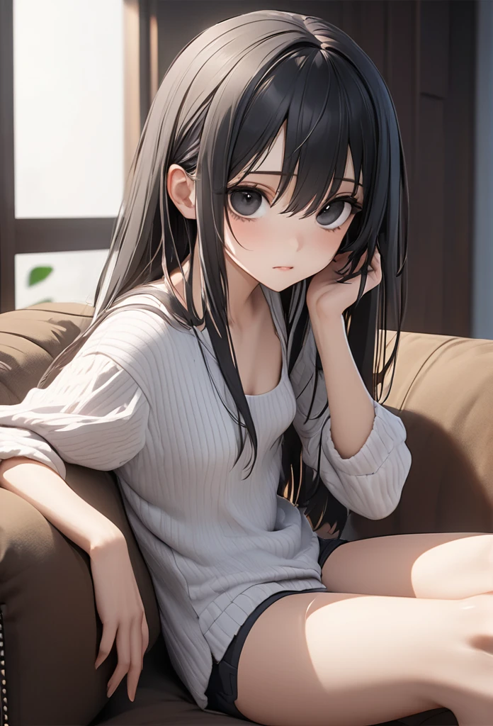 Long Hair, (Black Eyes:1.5), Loungewear、Shorts,Black Hair、Straight Hair, (Small breasts:1.2), break looking at viewer, break outside, break (masterpiece:1.2), Highest quality, High resolution, unity 8k wallpaper, (figure:0.8), (beautiful　Detail eyes:1.6), extremely deしっぽed face, Perfect lighting, extremely detailed CG, (Perfect hands, Perfect Anatomy),Sit on the sofa、Crossing your legs