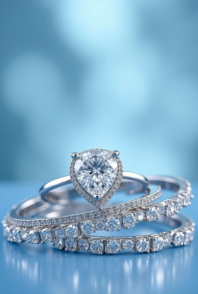 Create a picture of real diamond jewelry a Blue background image, to be used in a jewelry store banner. put pictures of set the ring platinum bracelets, platinum earrings and platinum necklaces