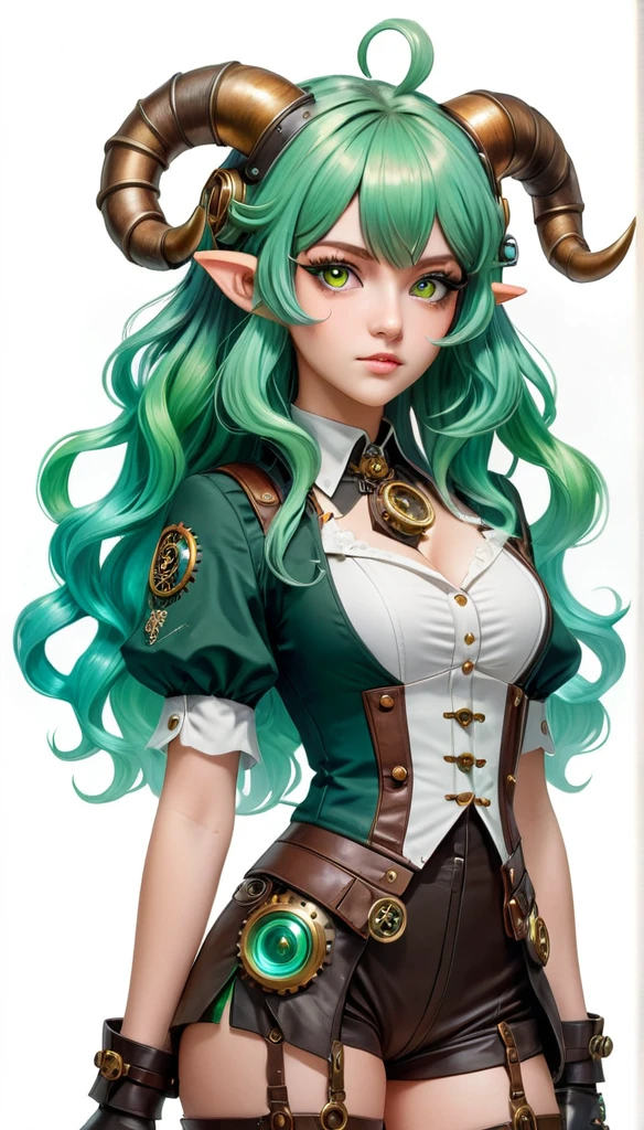 (live 2D masterpiece, 1 girl, full body, stands straight, steampunk clothes, military clothing, looking at viewer, detailed face, girl with green wavy hair, bangs, metal sheep horns, gradient hair, multicolored hair, light green hair, turquoise hair tips, wavy hair, gradient eyes, orange eyes, simple background, white background:1.3)