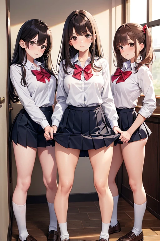 (((masterpiece, Highest quality, High resolution, 超High resolution, Pixel perfect, Written boundary depth, 4K, RTTX10.0, High resolution))), Beautiful Anime Women, Beautiful art style, Anime characters, ((Long Hair, bangs, Dark brown hair, ponytail)), ((Smooth texture, Realistic texture, Anime CG Style)), Perfect body, (Slender body:1.2), Exact finger count、Exact number of legs、(Exact number of arms:1.0, Exact number of hands:1.0), (Three women standing side by side, Lean your torso against the table to expose your buttocks., Angle from above the back:1.3), (Fashionable white shirt, Sailor collar, Knee-high socks, loafers, Pleated mini skirt:1.3), Realistic, Highest quality, High resolution, Perfect lighting, Highly detailed CG, (Perfect hands, Perfect Anatomy), (School classroom:1.3), Daytime lighting, whole body, ((Stylish shiny satin panties, side-tie white panties, Black lace trim :1.3)), (Beautiful and thin thighs、Beautiful little ass:1.3),cum in pussy,nsfw