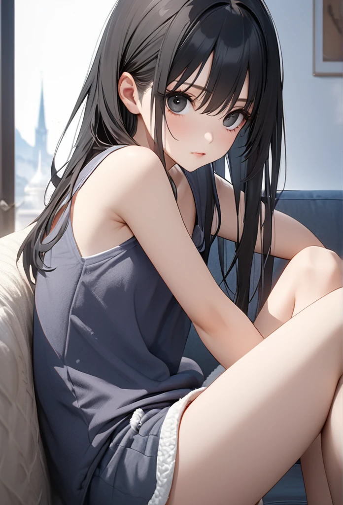 Long Hair, (Black Eyes:1.5), Loungewear、Shorts,Black Hair、Straight Hair, (Small breasts:1.2), break looking at viewer, break outside, break (masterpiece:1.2), Highest quality, High resolution, unity 8k wallpaper, (figure:0.8), (beautiful　Detail eyes:1.9), extremely Detailed face, Perfect lighting, extremely detailed CG, (Perfect hands, Perfect Anatomy),Sit on the sofa、Crossing your legs