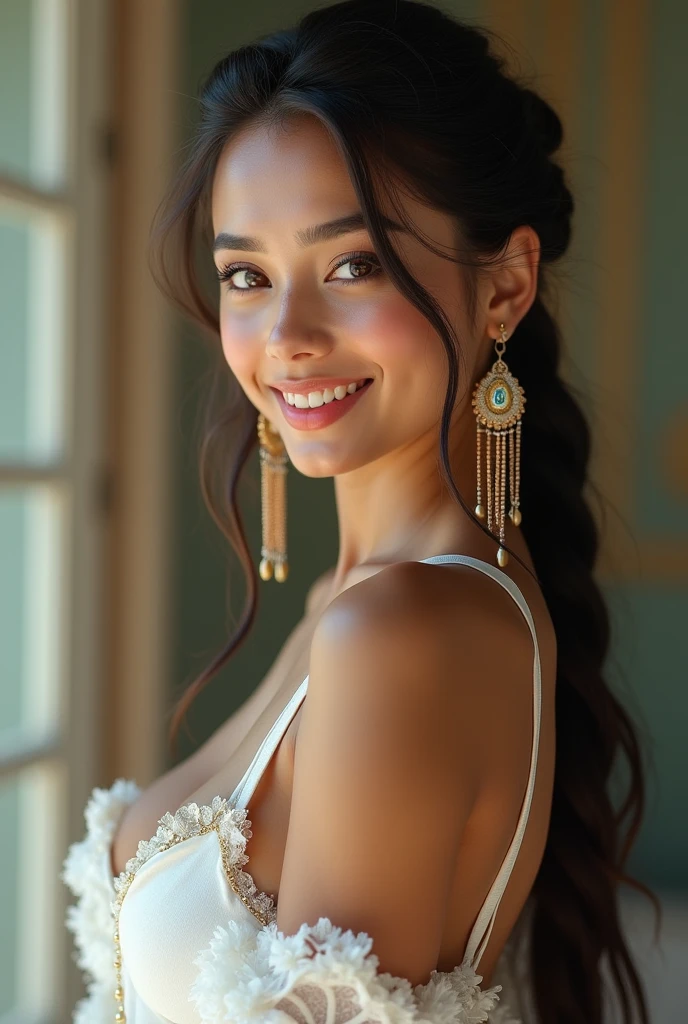 Realistic photo of (1 cute actress) long straight hair, thin makeup, medium breasts, long dress, close up, Canon EOS clear facial features 8K high resolution, sharp detail, realistically