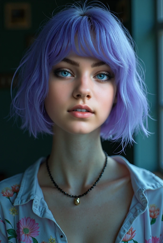 pretty young woman leaning over looking at camera, perfect symmetric gray eyes, short purple hair, blushing, thick makeup, earrings, jewelry, bracelet, purple hair, Scottish mini skirt, ultra high quality model, sharp focus, depth of field, unreal engine, masterpiece, 4k, detailed, street background