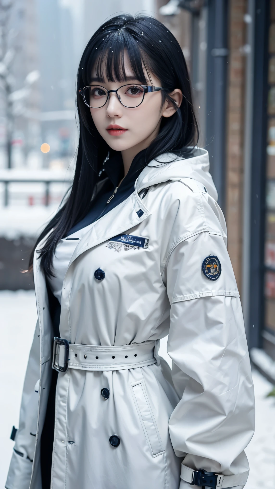 UHD, accurate, ((masterpiece)), ((high details)), high quality, textured skin, high detailed face, Cyberpunk, inhabitant of the digital world, White coat, trench coat, iridescent metal suit, Colorful costumes, backgrounds (Snowy scenery, snowy landscape, snowflakes), ((navy hair)), blunt bangs, expressive hair, Glasses, glasses(Wellington model), Long, slender limbs, Hair-pulling pose