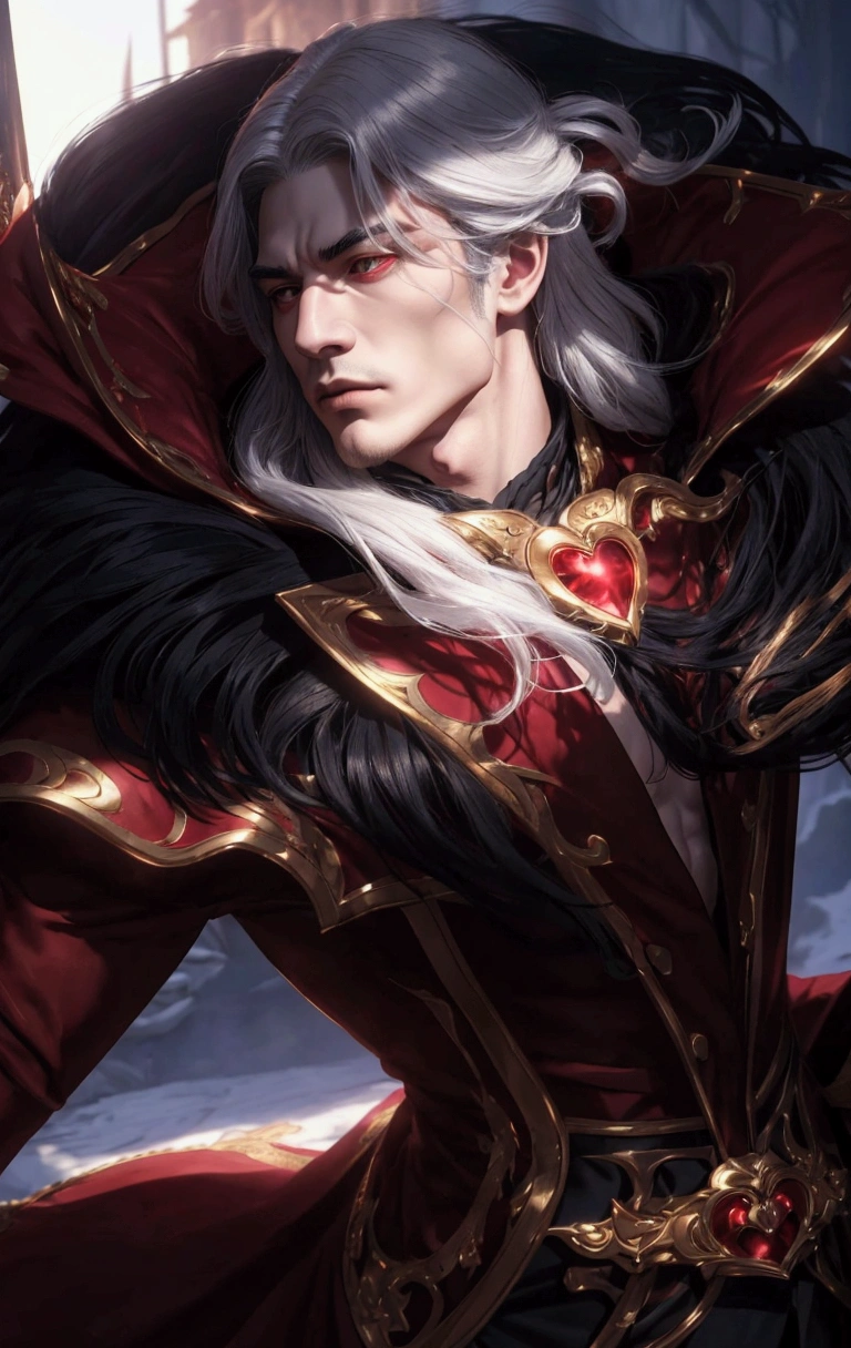 Flowing white hair, intricately designed black and red garment with gold accents, large high collar, luxurious fur trim, glowing red heart-shaped accessory on chest, confident and imposing stance, dramatic lighting with soft shadows, cool-toned outdoor backgroundbackground, man. 