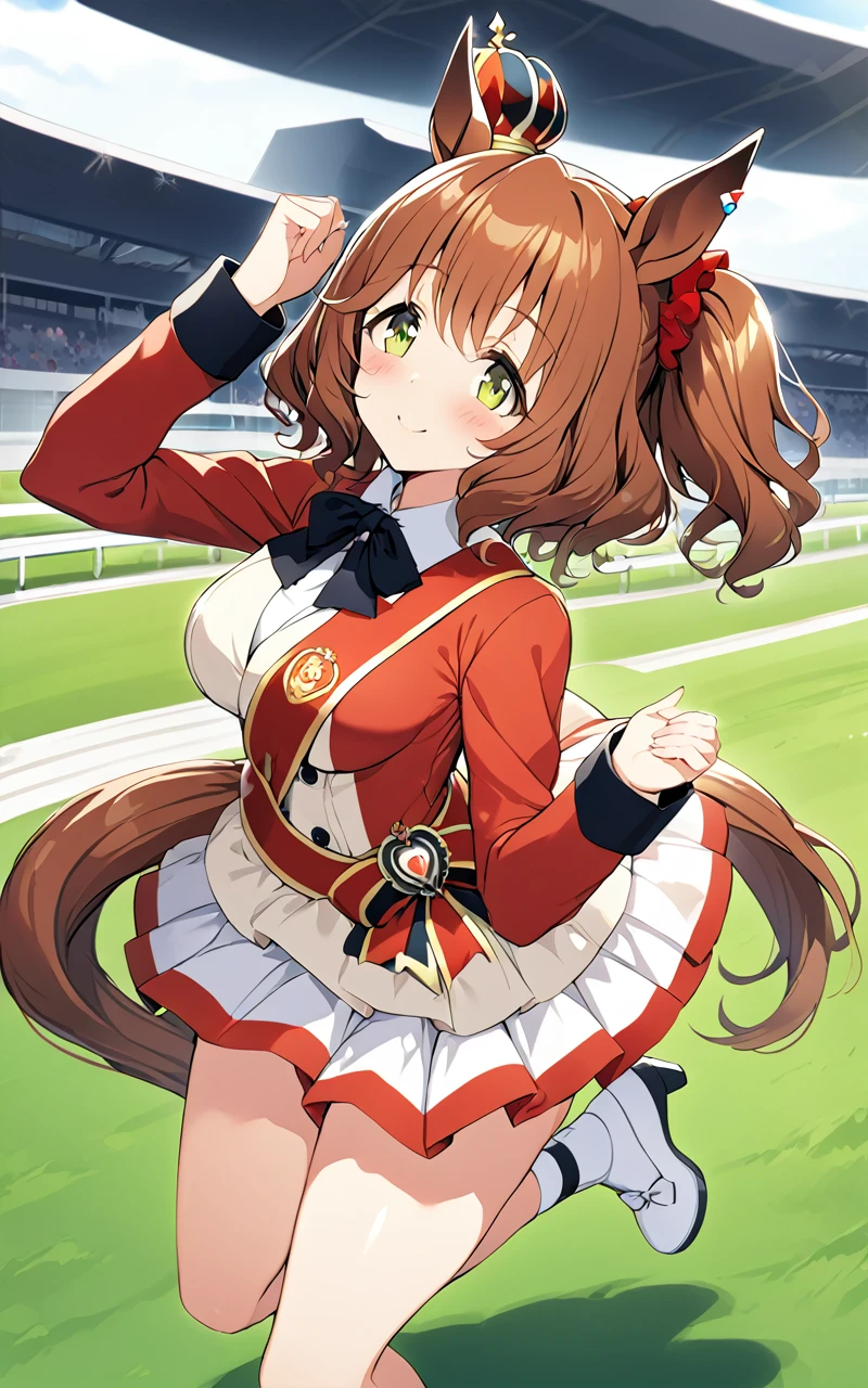 1girl, AstonMachan, green eyes, tareme, petite horse girl, horse ears, horse tail, head on mini crown, side_ponytail, lightbrown hair, medium hair, shiny hair, greenyellow eyes, hair_between_eyes, hair_ornament, medium breasts, red head_scrunchie, skindentation +++ red sleeves, parted colored shirt, long sleeves, white pleated skirt, white footwear, high heels, bow, sash, turf, race track , kind smile, extremely quality extremely detailed, illustration, cute anime face