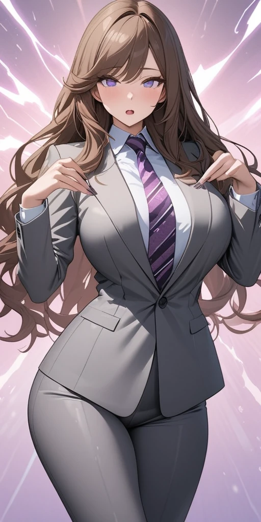 ((masterpiece)), ((high quality)),((ultra-detailed)), ((extremely detailed)),(character portrait), 4K,8K,wearing grey pants suit, white collared shirt, grey pants, 2, a beautiful woman, very tall woman with great style, perfect big breasts, perfect big ass, middle plump ass, tight suit, slender body, 1girl, solo, middle long wavy hair, brown hair with red accent, swept bangs, perfect hands, perfect face, perfect purple eyes, perfect body, beautiful legs, pink heart background, cinema lightning, purple striped patterned necktie, cold beauty, confused, open mouth, heart hands, standing on one leg, close eyes, shy, side view