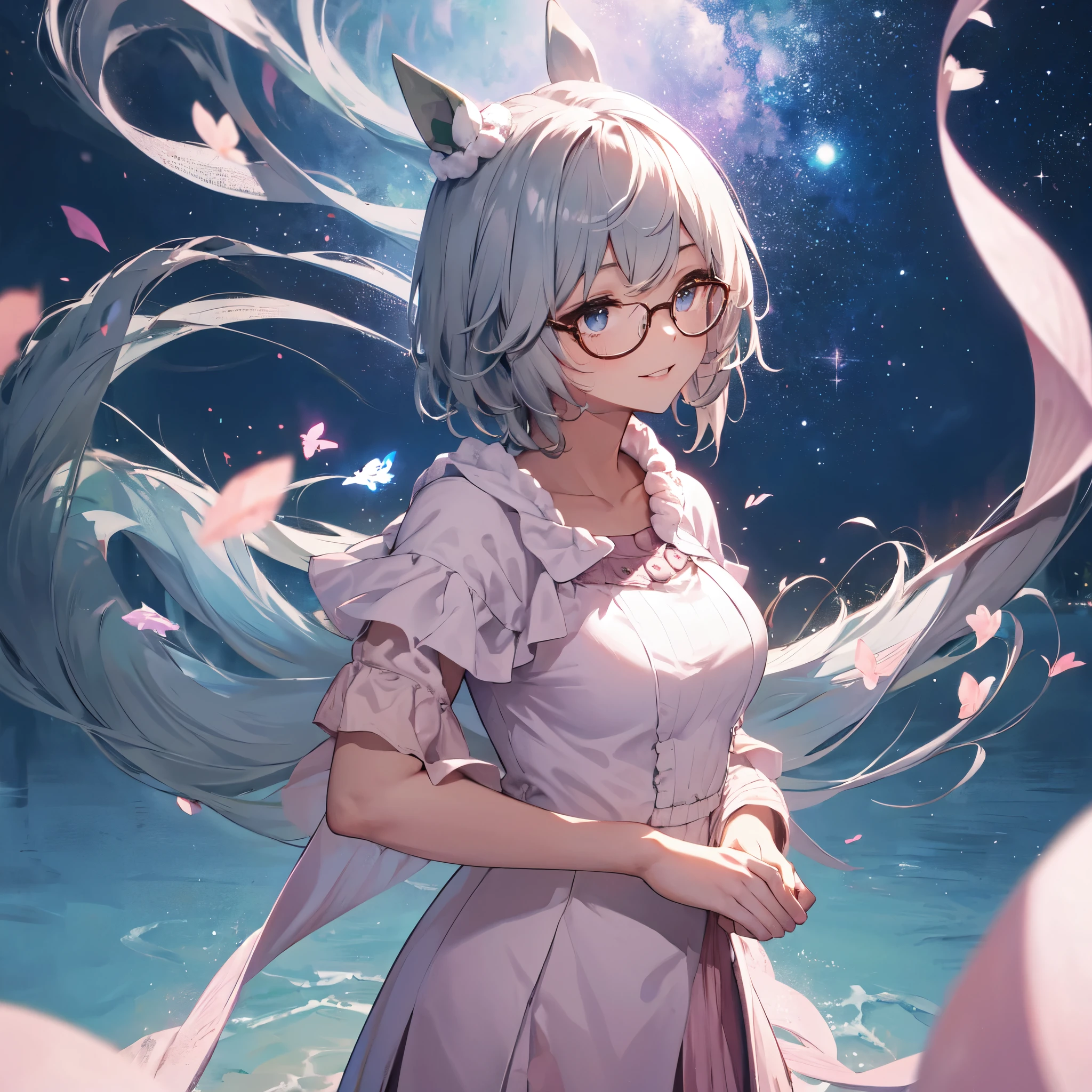 (solo)、Lonely、One person。masterpiece、uhd、Highest quality、High resolution、8 K。Dramatic Angle、Shot from above、Upper Body Shot、Chest centered。(Horse ear woman)、Wearing pink glasses、Light pink lip、Thin teak、looking at the camera、Open your mouth、smile、Glamour body。Pink pretty dress、Short sleeve、Pink winter knitted sweater、(Milk tent、Breast Curtain)、barefoot。(Spread your knees)、Hands folded behind your hips。Starry Sky、hill