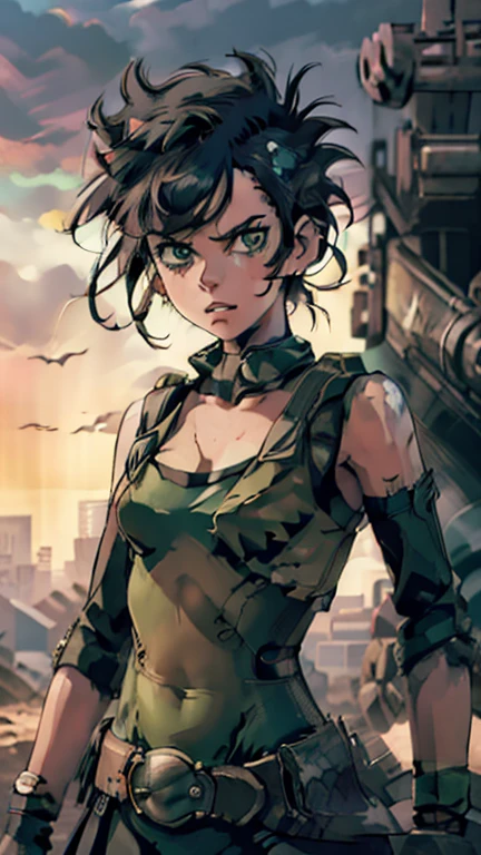 ((1girl, ppgzbtc), (extremely detailed CG unit 8k wallpaper),(master part), (best quality), (ultra detail), (best illustration),(kirbywood, drawing, vintage color comics), cowboy shot, (Sharp eyeliner, ombre, detail eyes:1), ground,  break ,(99post96apocalyptic44), standing, upper body, standing, (SZ_4po enviroment, outdoor), (green eyes, short hair, earrings)