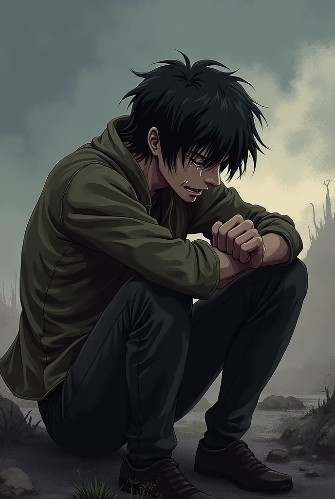 1boy, (Male):1.5 boy with dark, piercing black eyes, which seem to reveal deep mysteries. He wears a dark black tank top with his baggy pants, contrasting with his pale skin. Her hair is dark black, with white tips that give a unique touch to her look. His teeth, slightly sharp, give it an enigmatic look. His tired look is evident, as are the dark circles that highlight his exhausted appearance. A light, mocking smile appears on his lips, revealing a touch of malice. His feet are barefoot, connecting him to the urban and abandoned environment around him. The scenery is dark, with crumbling buildings and shadows that evoke a mysterious and dark atmosphere.