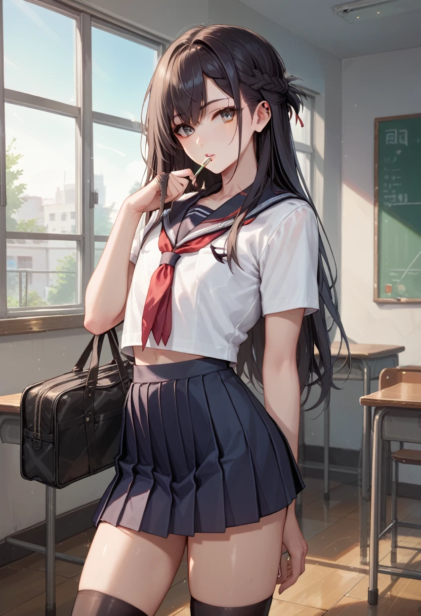 score_9, score_8_up, score_7_up, source_anime, solo, (1 boy, femboy, girly, White Skin, black long hair, school uniform blazer), (Hairstyle:french braid), class room