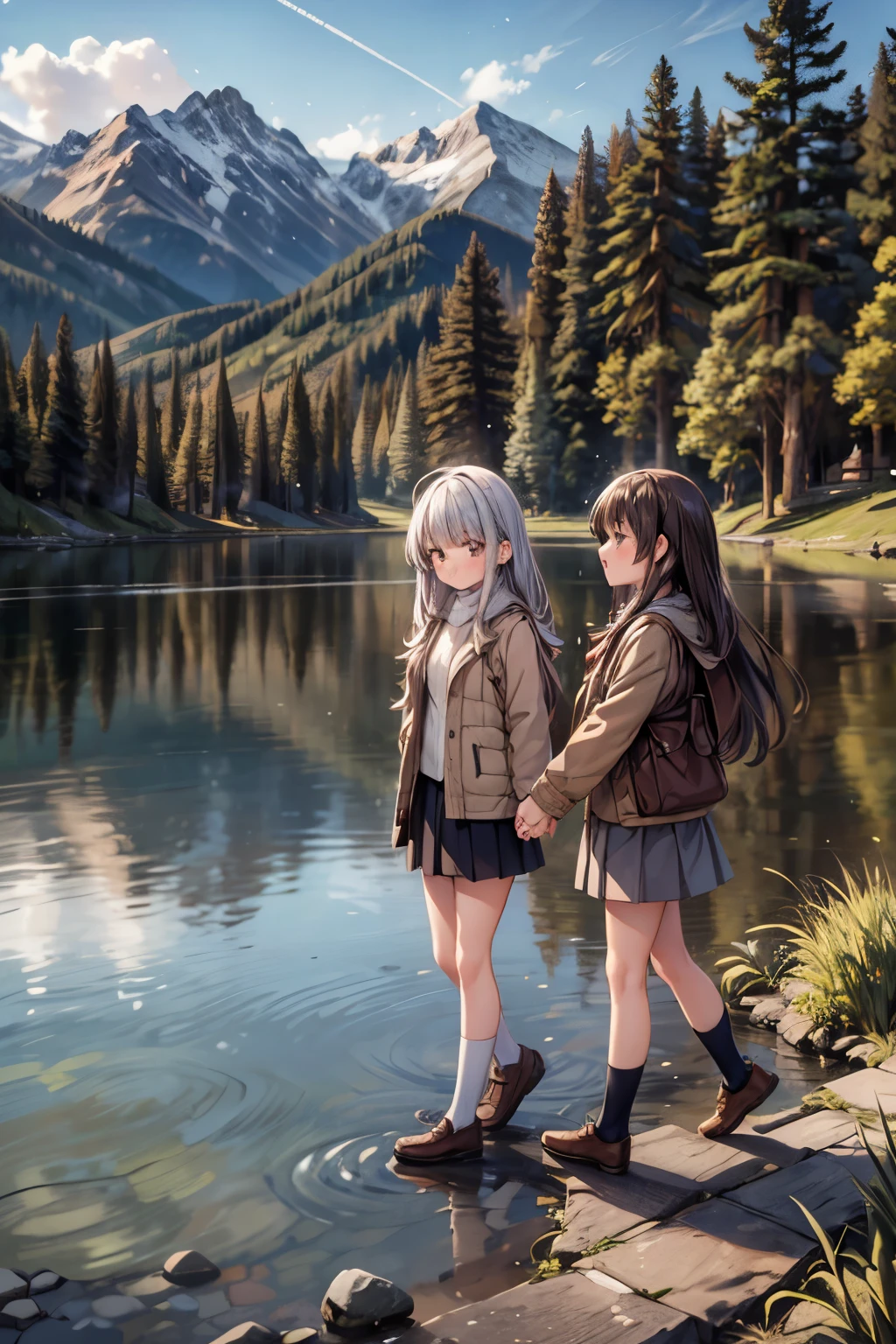 girls walk in a forest, majestic mountain, golden hour, snow-capped peaks, serene lake, clear reflection, calm water, tall pine trees, natural scenery, outdoor, soft warm light, shadows on mountains, tranquil atmosphere, wide-angle shot, deep depth of field, sharp focus on entire landscape, balanced exposure, soft pastel sky, clouds above mountains, girl walk in the forest,