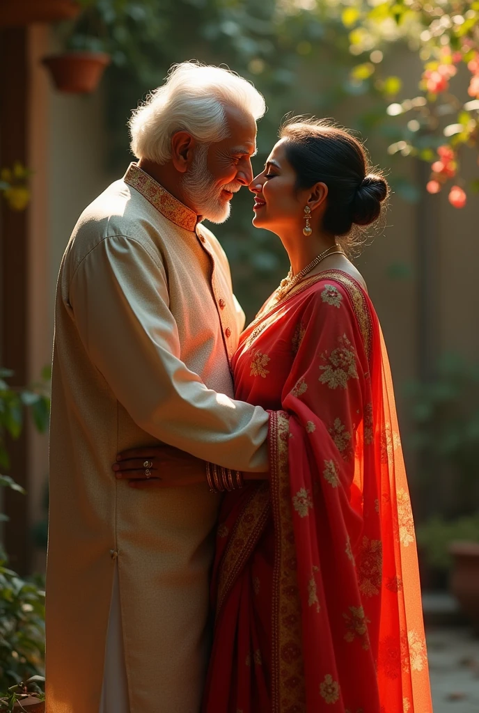 A DSLR photo of a 60-year-old Indian king and queen of a dynasty. The king is wearing a white kurta with a gold border. The queen is wearing a red saree with gold embroidery. They are sitting on chairs and looking camera.They are sitting inside the palace. The image has natural lighting.