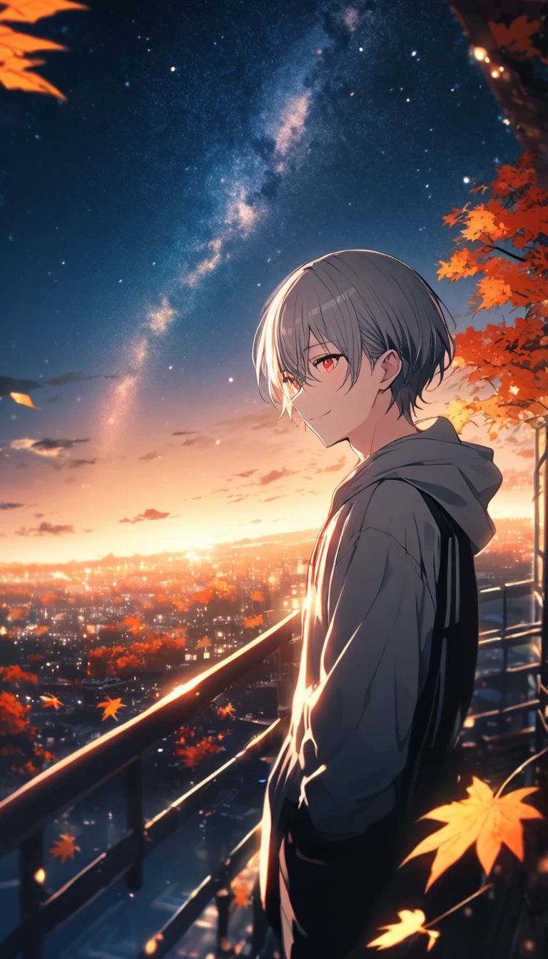 good looking, alone, 1 male, Gray Hair, Red eyes, shirt, Black and white hooded, noon, White Light,cute目,Short hairstyle,cute,Falling from the sky,Beautiful starry sky,Many Stars,月が綺麗なnight,night,Glittering scenery,dark,A sky with beautiful stars,looking at the camera,Thrust your fist up into the sky,smile,autumn,piece