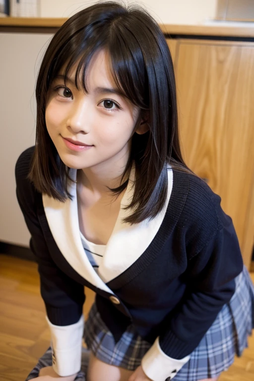 ((School uniform, White button shirt, Dark blue skirt、no-makeup、Sit on the sofa))、(realisitic、Photorealsitic、ultra-detailliert、Highest Details Skins、top-quality、masterpiece、超A high resolution)、Cute Japan Woman、17 age、hi-school girl、younggirl、1 girl in、I have bangs、二重まぶた、drooing eyes、Large black eyes、Japanese style face、ssmile、Charming、purity、Cute smile、double tooth、View here、Realistic skin type、simple background、thighs thighs thighs thighs、short-cut