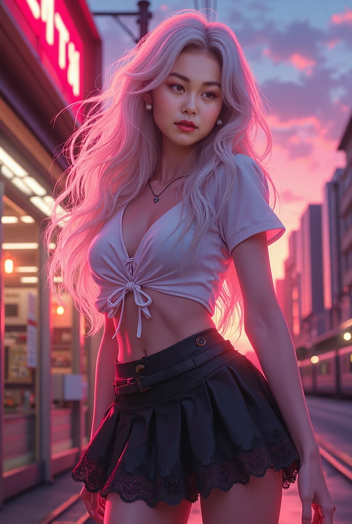 photorealistic,Realistic illustration in Modelshoot style,((masterpiece)),((The best quality)),((Ultra Quality)),((ultra detailed)),((1girl long white hair)),((Only)),((waifu:1.5)),Perfect anatomy,perfect hands,beautiful cuerpo,beautiful_method,ulzzang-6500-v1,e-chica,Exceptionally Beauty 17-year-old Waifu Perfect body beauty: 1.4, Slim abs: 1.1, ((Red hair, Milk: 1.3)), cowgirl pose, (Outdoor, daytime: 1.1), Country street, Super fine face, fine eyes, double eyelids, curly hair, fair skin, Big breasts, random color clothes, HDR, epic realism, high-octane rendering, obra de arte,,((bright-pink_eyes)),long wavy hair,hair clips,eyeliner,cute makeup,lipstick,Glossy lipstick,with a look of terror, worry and sadness,((eyes detallados perfectos)),rainy with fog outside,evening,pink theme,bioluminiscencia,light particles,((Extremely CG Unity 8K Wallpaper)),((cinematic lighting,Best quality lights)),intricate details,Suave,sharp focus,Extremely beautiful and aesthetic,Octane rendering,Full length portrait,damp skin,((Perfect detailed body)),