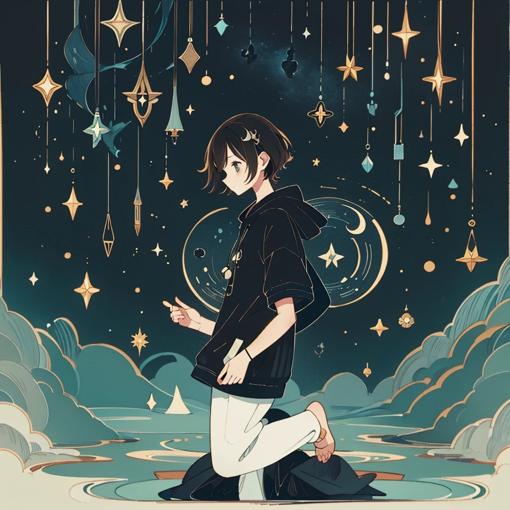 1 brunette woman alone, sleepy face, light brown eyes, Short black hair without bangs, Accessories, wearing slippers preto com meias, gothic, sweatshirt, cargo pants, wearing slippers. The work employs a soft color palette of black, grays, white and brown. Background elements include small celestial symbols, like stars and a crescent moon, adding a mystical atmosphere to the overall composition. The illustration style is abstract.