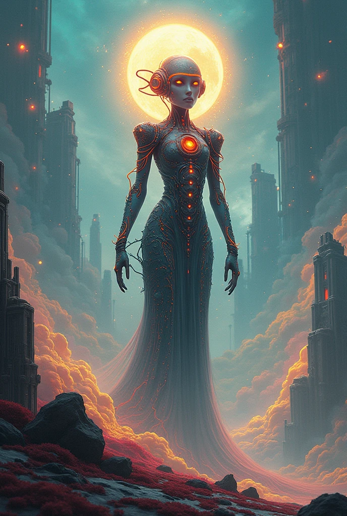 ral-ertmsphr otclillsn город Каркоза, cybersecurity meme, Data Streams, dynamic movement, red and white, random vintage goddess inside circle, looks curious, Through the city Y Shinkawa