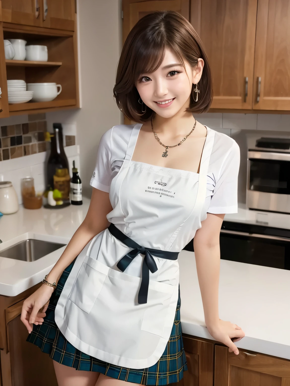 uma mulher sorridente, de olhos brilhantes e cabelos longos e ruivos. She is wearing a white apron with colorful details, dando um toque divertido ao seu visual. in her hands, ela segura uma colher de madeira, ready to start preparing a delicious recipe. His posture is confident and welcoming, Transmitting the passion for cooking. Ao fundo, See a kitchen counter with some ingredients and utensils, completando a cena.