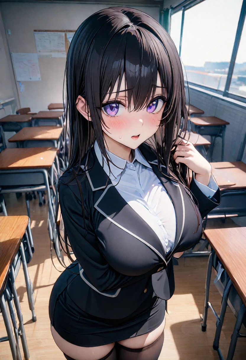 ((masterpiece,Highest quality,8k,Ultra-high resolution)),  1 person　、Adult women in their 20s　,  Momo Belia Deviluke,                                     View your viewers,   A little embarrassing　,                                                             Black Hair　, Long Hair　　 、Hair hanging over one ear、  Light purple eyes   、　Mouth slightly open　、                                                Slim body,   Big Breasts　　、　Black Suit　、　Black Skirt、　stockings　、classroom