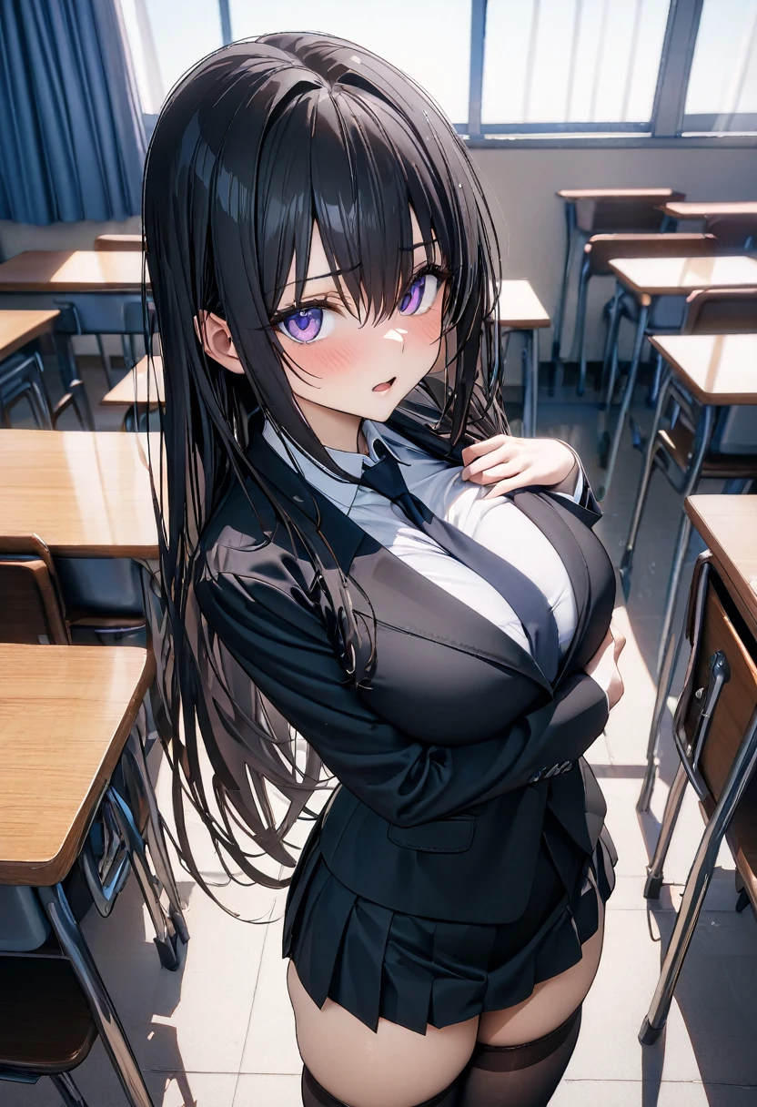 ((masterpiece,Highest quality,8k,Ultra-high resolution)),  1 person　、Adult women in their 20s　,  Momo Belia Deviluke,                                     View your viewers,   A little embarrassing　,                                                             Black Hair　, Long Hair　　 、Hair hanging over one ear、  Light purple eyes   、　Mouth slightly open　、                                                Slim body,   Big Breasts　　、　Black Suit　、　Black Skirt、　stockings　、classroom