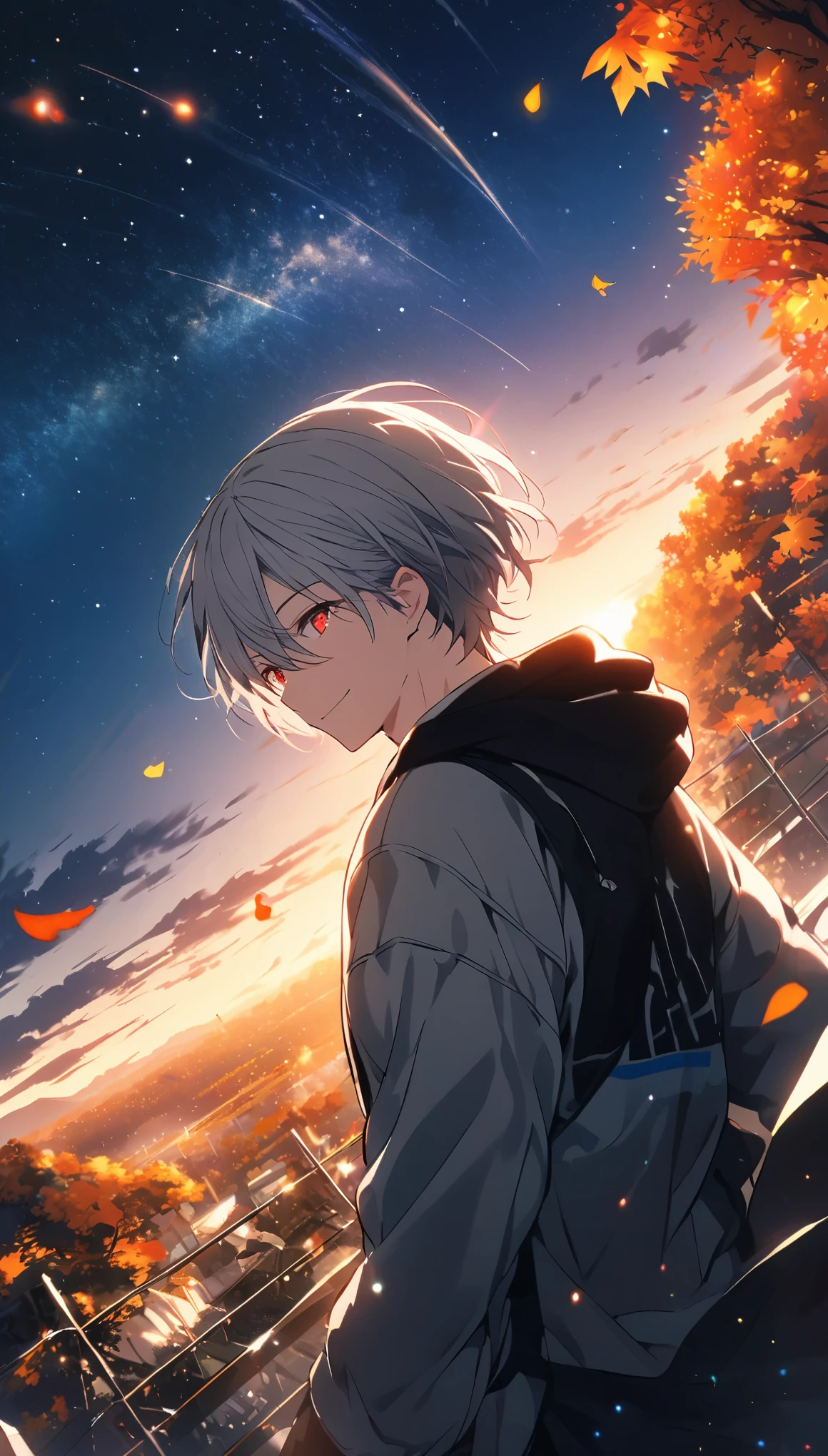 good looking, alone, 1 male, Gray Hair, Red eyes, shirt, Black and white hooded, noon, White Light,cute目,Short hairstyle,cute,Falling from the sky,Beautiful starry sky,Many Stars,月が綺麗なnight,night,Glittering scenery,dark,A sky with beautiful stars,looking at the camera,Thrust your fist up into the sky,smile,autumn,piece