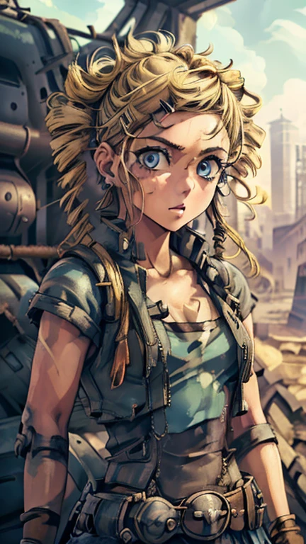 ((1girl, ppgzbb), (extremely detailed CG unit 8k wallpaper),(master part), (best quality), (ultra detail), (best illustration),(kirbywood, drawing, vintage color comics), cowboy shot, (Sharp eyeliner, ombre, detail eyes:1), ground,  break ,(99post96apocalyptic44), standing, upper body, standing, (SZ_4po enviroment, outdoor), (blue eyes, blonde hair, twin drills, hairclip, earrings)