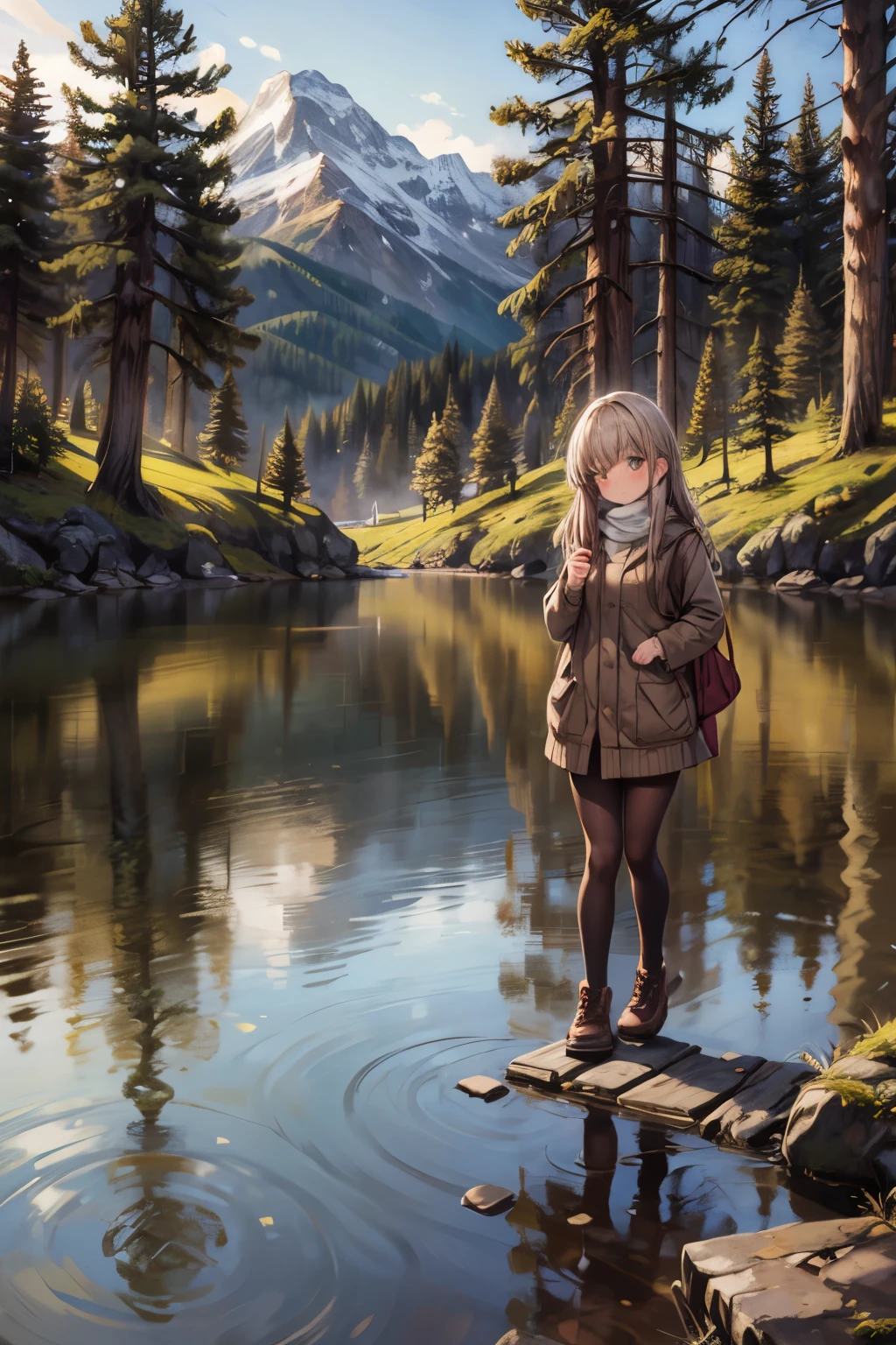 girls walk in a forest, majestic mountain, golden hour, snow-capped peaks, serene lake, clear reflection, calm water, tall pine trees, natural scenery, outdoor, soft warm light, shadows on mountains, tranquil atmosphere, wide-angle shot, deep depth of field, sharp focus on entire landscape, balanced exposure, soft pastel sky, clouds above mountains, girl walk in the forest,