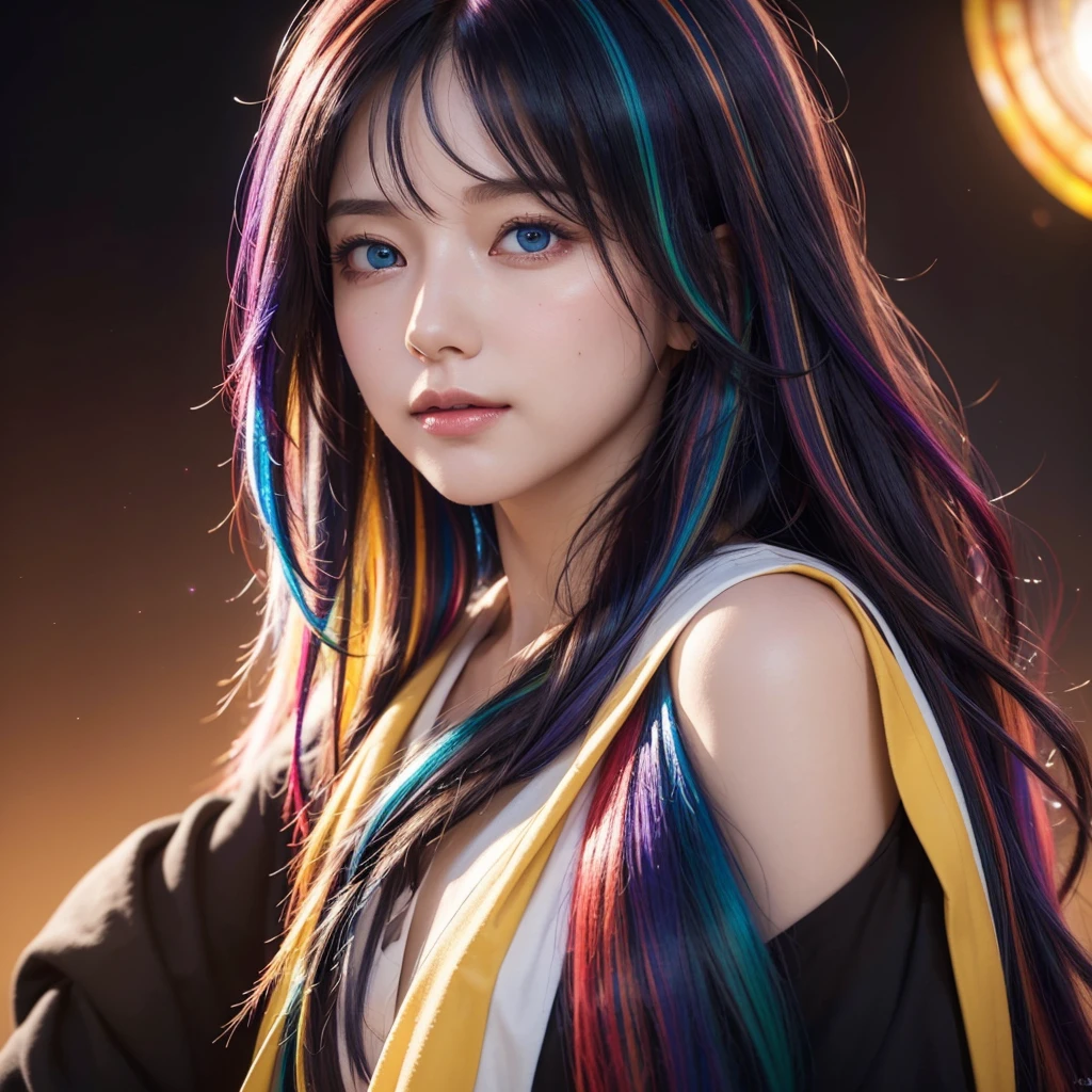 {{masterpiece}}, highest quality, Highly detailed CG Unity 8K wallpaper, cinematic lighting, Lens flare, beautiful detailed eyes, black, side line, multi-colored hair, colorful light, particle, heterochromia, (colorful:1.5), (colorful hair:1.5),
