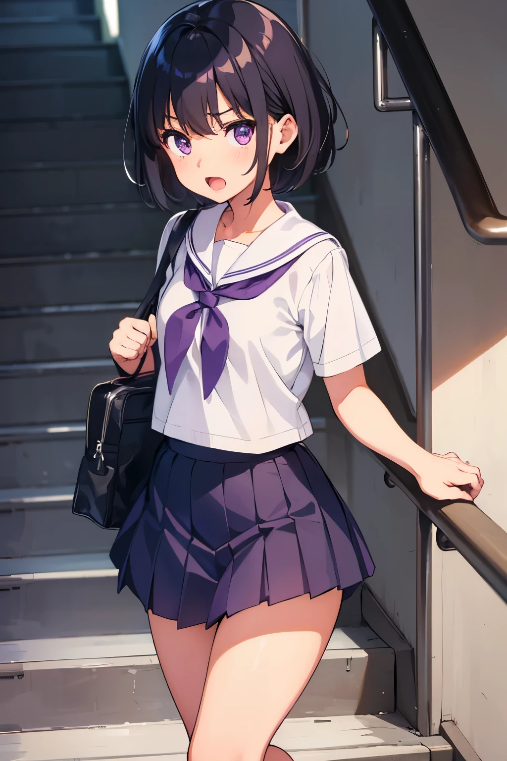 Elementary school student, , toddler, flat chest, black hair 　Wavy short hair　Purple Eyes　Open mouth and screaming　Angry　White short-sleeved sailor uniform top　Navy blue mini skirt　White panties（（I can see her panties））　White socks　sneakers　School stairs　Climbing stairs　 Facing backwards with buttocks facing towards you　Turning around　Dynamic Angle 　Low - Angle