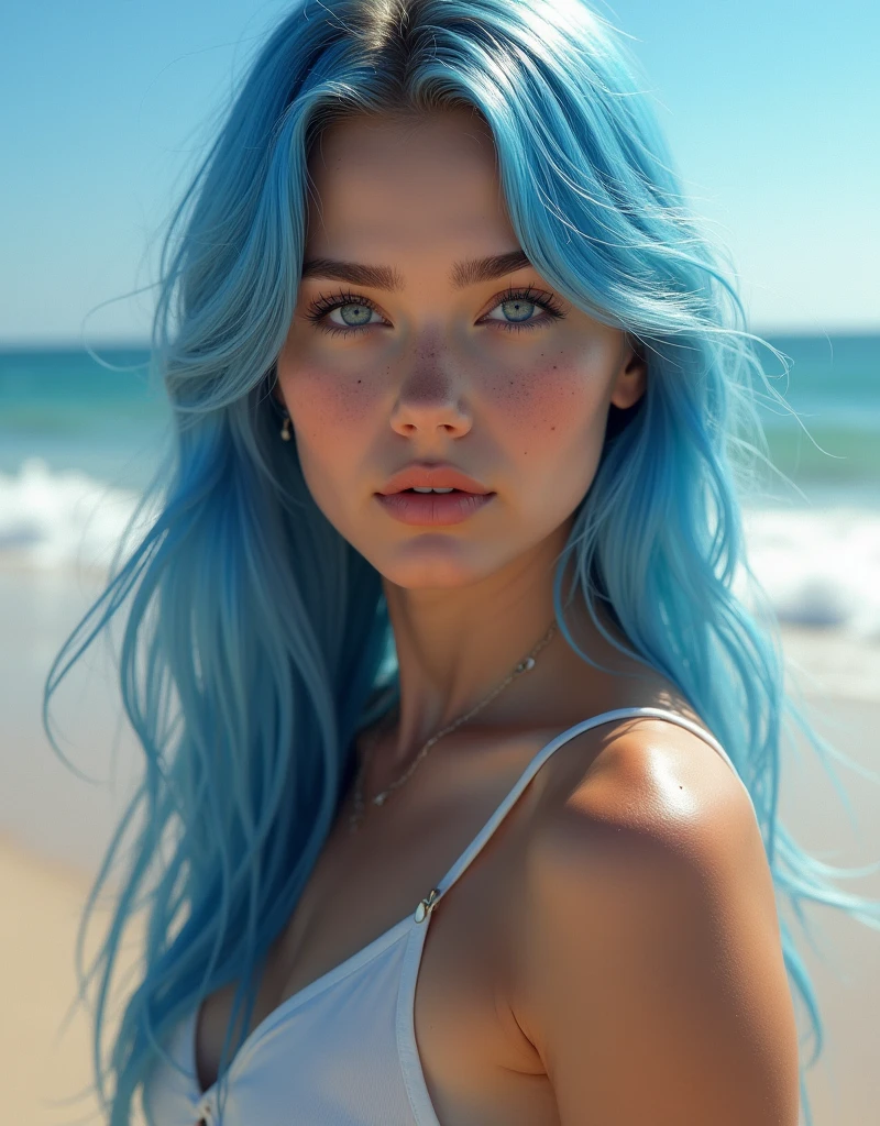4K,8k,High resolution,
One beautiful young woman,Light blue hair、ponytail、
(Soft Saturation:1.3), (Fair skin:1.2),
(ultra-Detailed Background, Detailed Background), Bokeh,
break&#39;Smiling portrait.,
When viewed from the front, The composition is symmetrical,
Looking straight at you with serious eyes,
break Swimwear, White Bikini, Center of chest, 
Outdoor, Sea surface, null, sunlight,Summer beach, Sandy Beach,
Strong light, Front lighting, 
(Teen:1.3), (Cowboy Shot:1.2),
Front brake angle,
View your viewers,
Dynamic pose,
sitting on the beach

Seaweed、Seaweed、Seaweed、Seaweed、Seaweed、Seaweed、Seaweed、