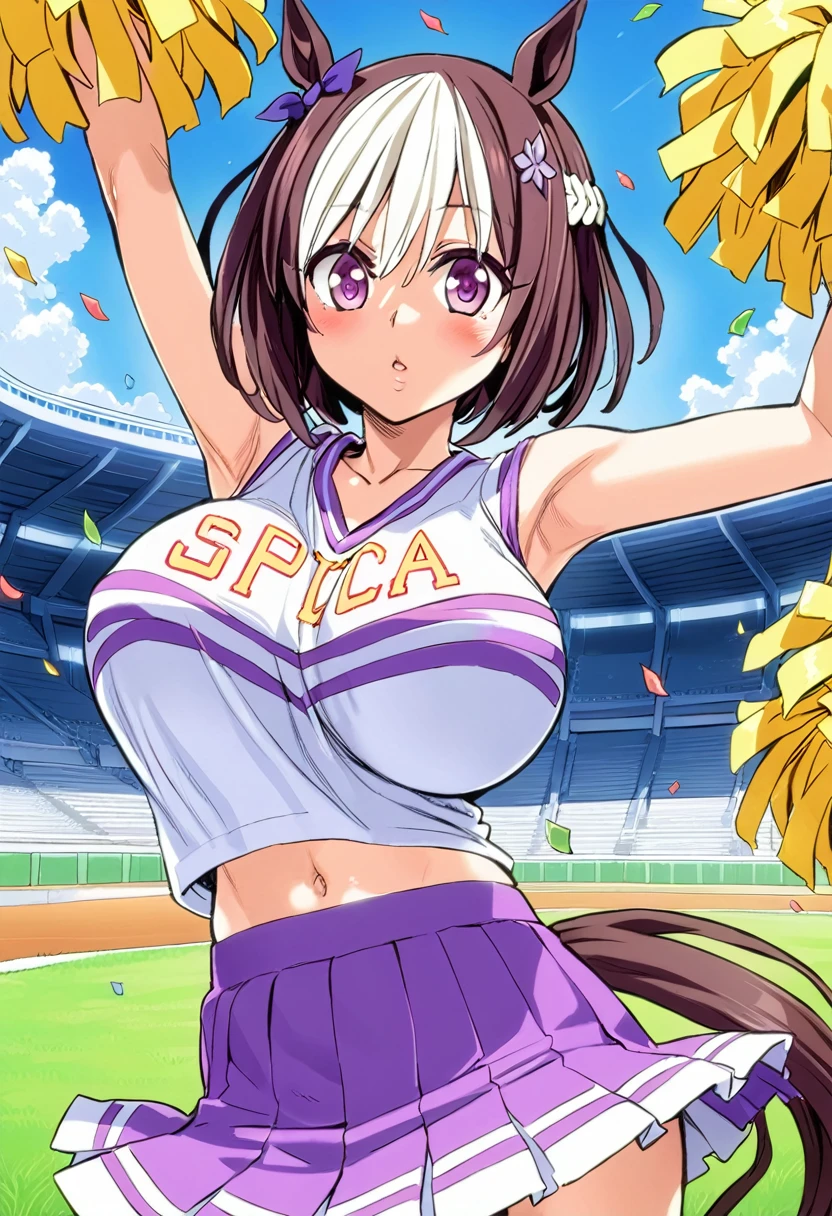 1girl, special week \(umamusume\), \(umamusume\), umamusume, asanagi, cheerleader, clothes writing, pleated skirt, pom pom \(cheerleading\), collarbone, blue sky, white cloud, (confetti), purple and white clothing, purple skirt, hair ornament, sleeveless, arm up, armpits, stadium, huge breasts, blush, navel, studio lighting, (masterpiece, best quality), detailed scenery, (SPICA written on clothes), horse tail,