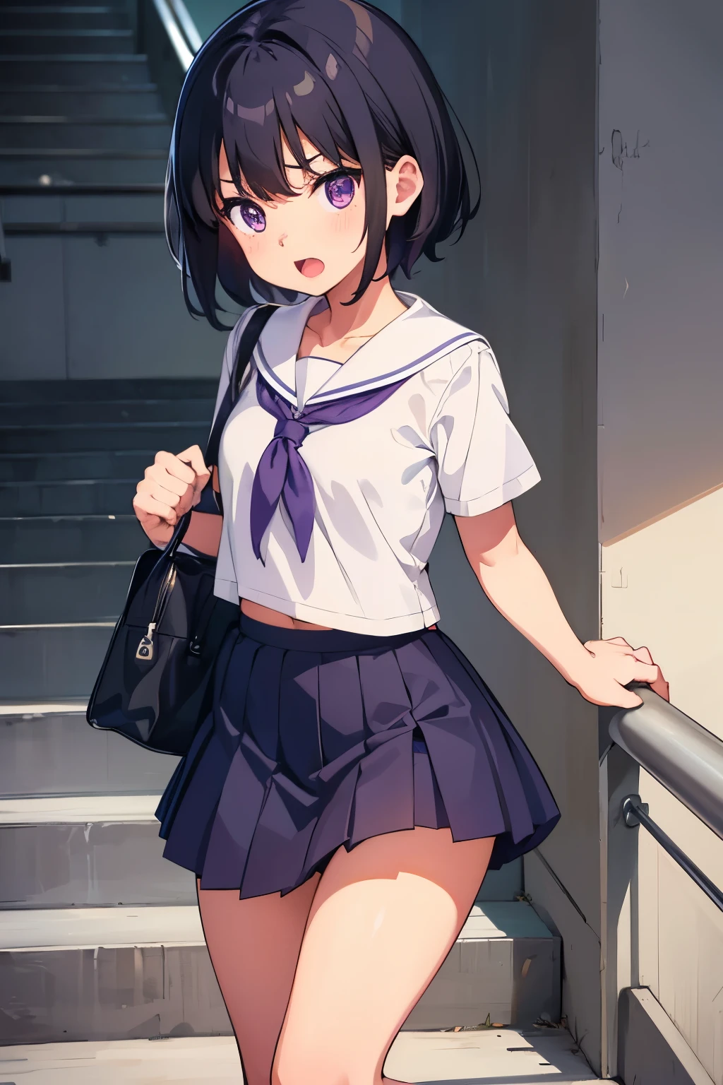 , , toddler, flat chest, bl Wavy short hair Purple Eyes Open mouth and screaming Angry White short-sleeved sailor uniform top Navy blue mini skirt White panties((I can see her panties)) White socks sneakers School stairs Climbing stairs Facing backwards with buttocks facing towards you Turning around Dynamic Angle Low - Angle