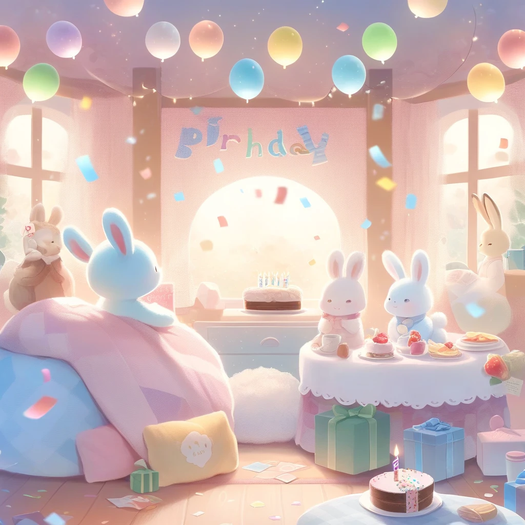 cuteAn illustration,Rabbitの幼稚園,Rabbitの親子:animal:cute:approach:Comfortable and warm:looks happy,An illustration,pop,colorfulに,color,,Lamp light,Rabbitの親子:Dreaming happily,The room is warm and full of happiness..,,colorful,Fancy,Fantasy,patchwork:quilt,detailed explanation,fluffy,Randolph Caldecott Style,Rabbit,最高にcuteRabbit,fluffyRabbit,birthday,birthdayケーキ,Sparkling,Magical Effects,Magic Light,Magical Effects,Dream world,Wall Decor,celebration,Confetti,