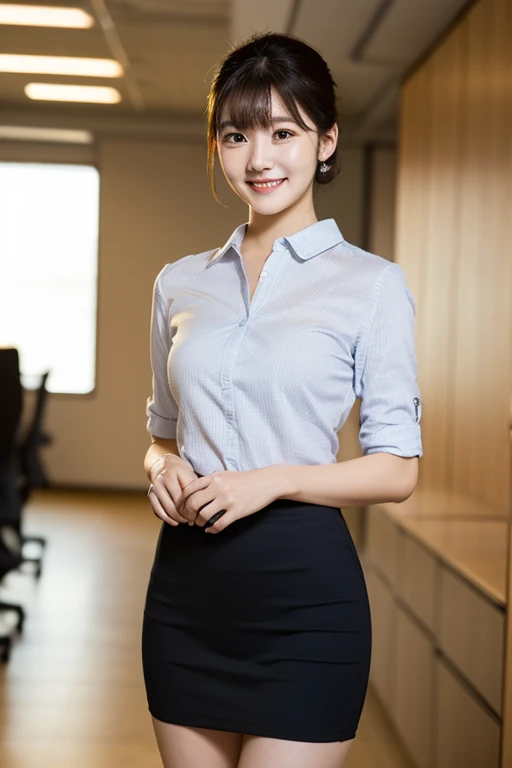 Masterpiece, photo quality, Japanese mature woman, suit, cotton tight skirt, (updo: 1.3), smile, bangs, (droopy eyes, gentle eyes: 1.2), beautiful skin-colored thighs, office, perfect lighting,