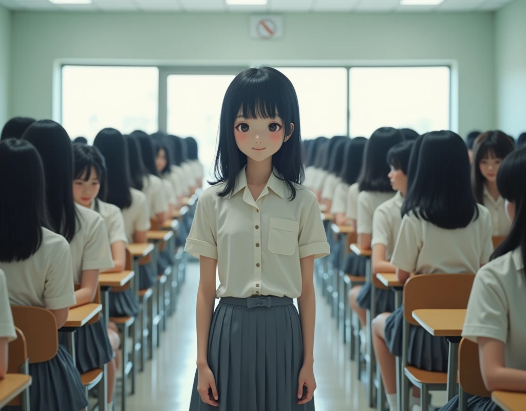(Japanese Clone-girls=Myself), (Super Best masterpiece Clone-girls Raw Photography Art), (16K, Highest quality, Ultra-high resolution, RAW Photos), (It's so unrealistic., With unparalleled depiction, With an unfathomable sight, An unprecedented and shocking worldview, Clone-girls: In a world of mass reproduction, Ultra-realistic depiction), (Japanese Girls, Hamabe-Minami, 16yo), (Small face, Thick black hair, long hair, Dark Eyes, Mature face, Cute Smile, Smiling face, A gentle gaze), (Very pleasant look), (Very beautiful and detailed girl, Accurate body structure, Accurate body movements, Very detailed body), (Super big breasts, Large bulge of ample breasts), (High school girl's summer clothes, Short sleeve, Emphasise the fullness of your breasts), (Very detailed, Myself cloning, Depiction of splitting oneself, 1Myself girl→1,000,000,000,000,000,000,000,000,000,000Myself cloning girls), (Myself clone girlsは, With the same perfect appearance, to multiply in large numbers), (Very detailed depiction, Myself's multiplying female body, In the same female body,With the same face, With the same hairstyle, In the same clothes, At the same height, 同じSuper big breastsで, A completely indistinguishable female body, 1,000,000,000,000,000,000,000,000,000,000 people), (Myself girls only), (1,000,000,000,000,000,000,000,000,000,000Myself girls), Japanese Classroom, Scenes from class, Bright lighting, Peaceful atmosphere, Talk to Myself, Wide-angle field of view, wide view, Snapshot depiction, You can shoot your subject from anywhere, The subject doesn't have to be front and center