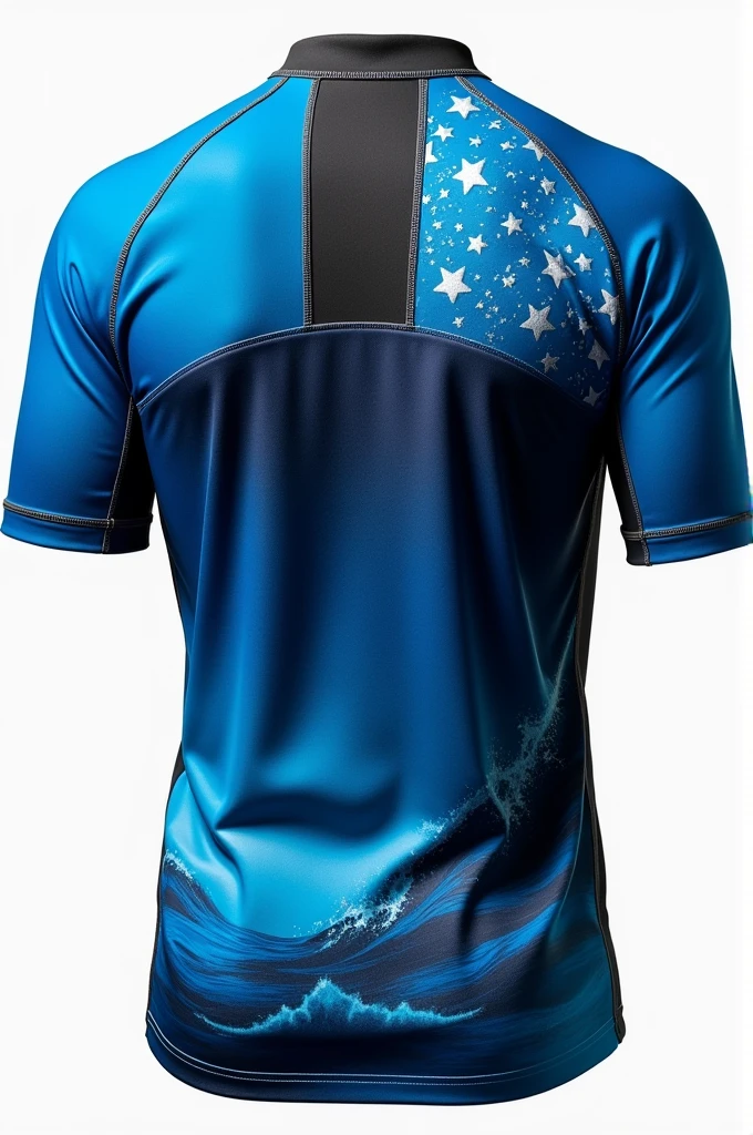 Men&#39;s volleyball shirt in baby blue and black with gradient colors with a cannon and waves on the lower left side, minimalistic 