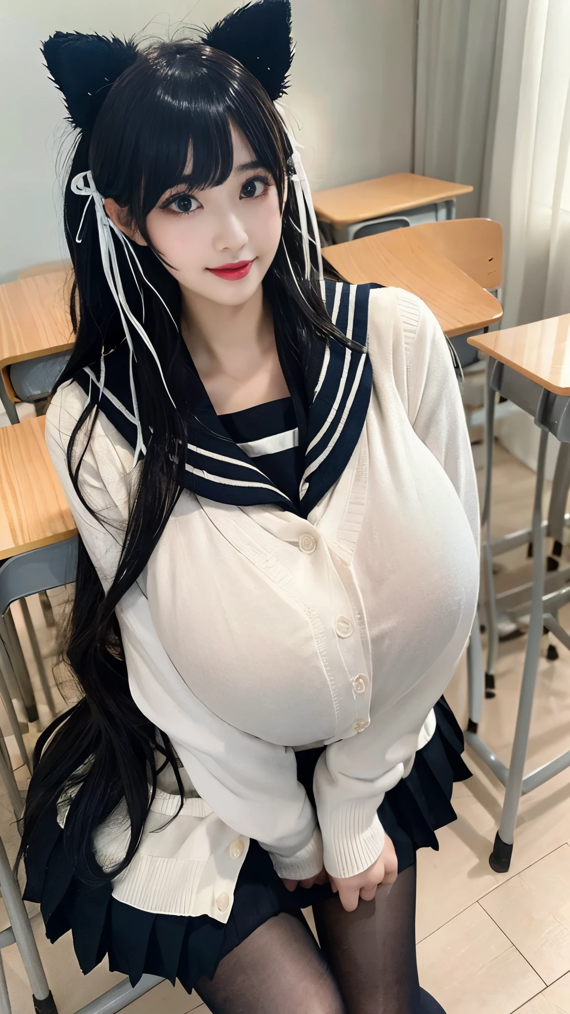 ((masterpiece:1.2、Highest quality、Tmasterpiece))、1 female、alone、classroom、Day、(Korean Idol:1.25)、(Are standing:1.4)、Black Hair、((amount))、Cute Face、Wavy Hair、Medium Hair、Beautiful feet、break、(Big Breasts:1.4)、Hoop Earrings、lipstick、blush、smile、(Covered breasts:1.4)、(Thick lips:1.2)、Detailed body、(Gal Makeup:1.2)、eye shadow、Eyeliner、Very detailed絵画, Luminism、4K resolution、3D Rendering、Exquisitely crafted , Cinematic、Realistic、Hit definition、Abstract Beauty、Approaching perfection, Pure Form, Golden Ratio、Very detailed, Digital photography, Soft natural light, 50mm lens, 1 1 1.8 Vacancies、blush、Small face、(school uniform:1.3,cardigan, sailor collar, serafuku, long sleeves, pleated skirt, pantyhose)、gal