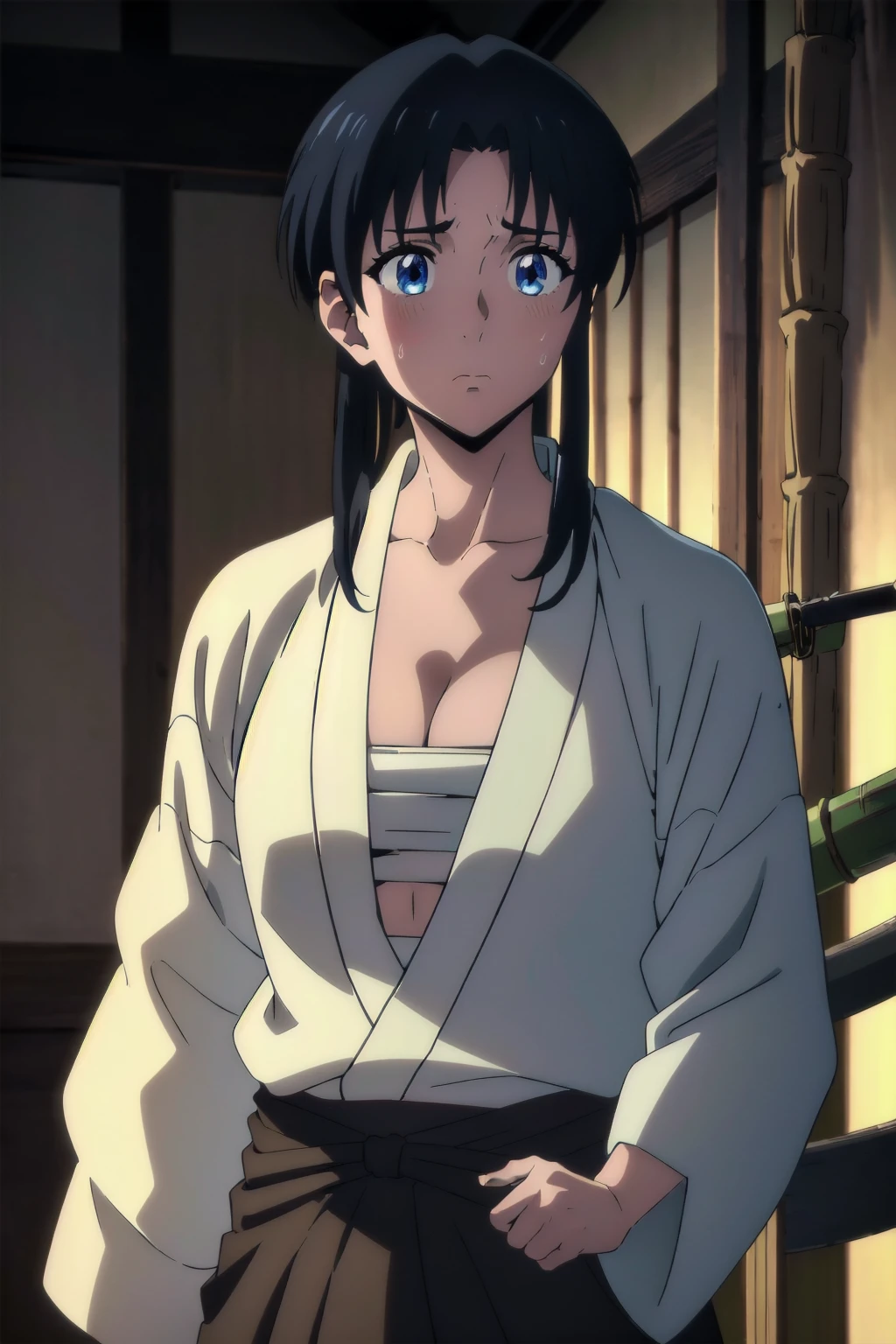 ((((brown hakama、Bright lighting、In the dojo、Cleavage、holding a bamboo sword、kimono))))、(Loincloth、Big Breasts、Looking down、Sweat、Turning away)、Highest quality, High resolution、Big Breasts、Sad expression、Browsing Caution、white breath、A shy look、shame、Humiliating、unfortunate、blush、Sweaty、White skin、((Cowboy Shot))Black Hairゴム、Kaoru、Blue eyes, Black Hair, ponytail , BREAK looking at viewer, BREAK outdoors, BREAK (Tabletop:1.2), (Beautiful detaileded eyes:1.6), extra detaileded face, Perfect lighting, (Perfect hands, Perfect Anatomy)、Mature Woman、Large areola、(masterpiece、Highest quality)、 超High resolution, (Realistic:1.4),(Realistic:1.4)、 (超High resolution:1.2), High resolution、A perfect masterpiece, Highest quality, family friendly, Soft dim lighting, addition_detailed, Good lighting、A highly detaileded、Highly detaileded CG Unity 8K wallpapers、Raising awareness、((beautifull detaileded face))、Side lighting、((Raising awarenessnbest))、Highly detaileded eyes、Perfect lighting、(1 person)、Focus Only、Glowing Skin
