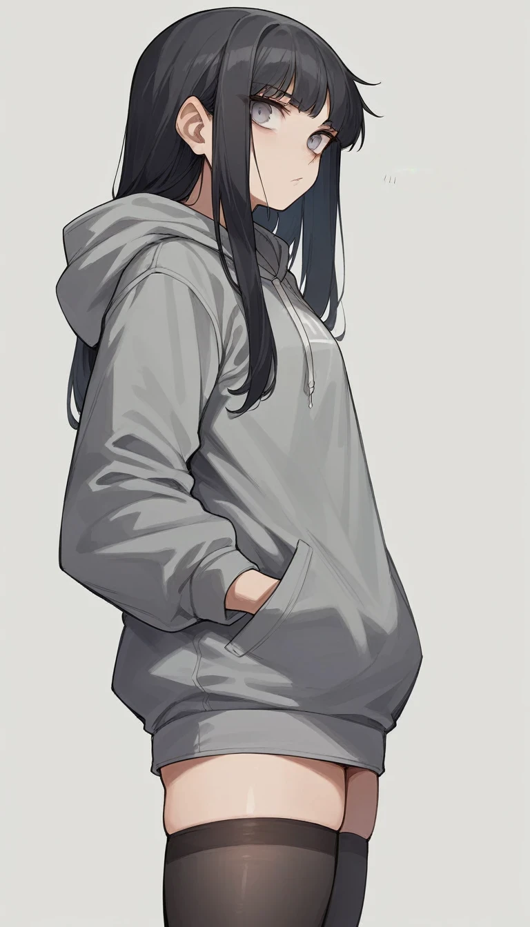 1girl, (black hair, long hair, grey eyes, grey hoodie, black miniskirt, black thigh-high stockings, black plimsolls) (leaning backwards, hands in pockets) (stare, side view, looking sideways at viewer)