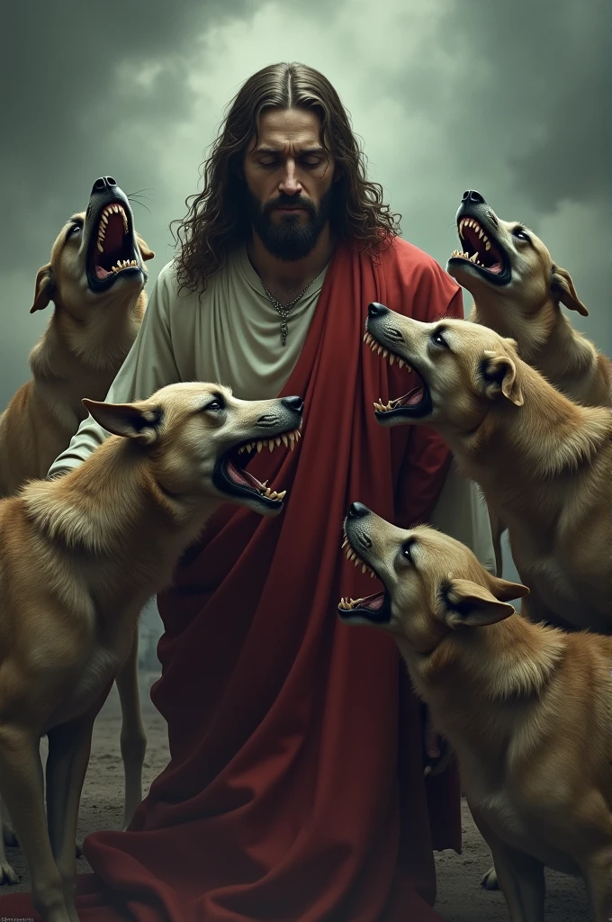 We need such an image in which a bitten dog has scratched the hands and mouth of Jesus and a little blood is coming out from the place where Jesus was killed. This is a high quality image.