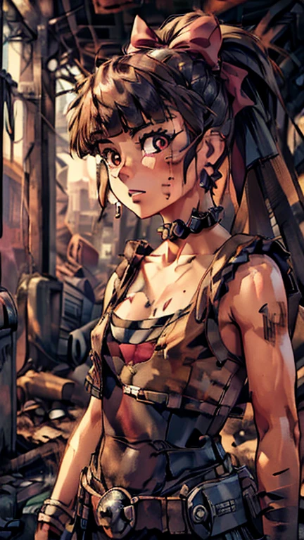 ((1girl, ppgzbs), (extremely detailed CG unit 8k wallpaper),(master part), (best quality), (ultra detail), (best illustration),(kirbywood, drawing, vintage color comics), cowboy shot, (Sharp eyeliner, ombre, detail eyes:1), ground,  break ,(99post96apocalyptic44), standing, upper body, standing, (SZ_4po enviroment, outdoor), (red eyes, long hair, ponytail, hair bow, blunt bangs, earrings, black choker)