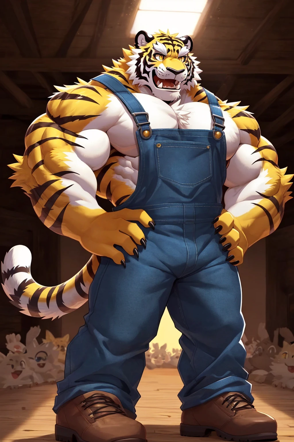 (sfw:1.5), male focus, (a carpenter, hunter:1.4), Handsome 1boy, solitary，protrait photo, Red tongue, (White thick eyebrows:1.4), single, (Black nails, Black claws:1.4), yellow hair, yellow skin, (perfect yellow eyes:1.4), Black tiger stripe, (yellow tail, yellow ears:1.4), (Fangs, Tiger Teeth:1.4), (yellow body:1.3), (yellow hands:1.4), (Black nose:1.4), 
tiger, grey tiger, tiger boy, tiger body, feet, tiger尾巴, (big eyes, large eyes:1.4), (big body, Huge body, Very tall, A huge body, Wide body:1.5), (Chubby, The body is huge, Larger face:1.4), (uncle, Middle Age, daddy, Older:1.5), 
(Dark blue overalls trousers:1.4), (Brown booties, Brown shoes:1.4), (Hands on hips:1.4), 
(full body:1.5), (Mature men:1.4), (Strong body, Large size:1.5), (Strong body, muscle,Strong male, muscle男:1.3), (bare arm, Thick arms:1.3), (Standing:1.3), confidence, charming, happy, Bold, Unrestrained, Careless, charm, majesty, (Looking at the audience,gaze, Staring at the audience, Focus, 眼神gaze:1.4), (confidence的微笑, Smiling with a closed mouth, charming的微笑, The corners of the mouth are slightly upturned:1.4), 
full background, indoor, wood, Wooden furniture, thatch, Woodyard, daytime, wood chips, Woodpile,
Mysterious and romantic atmosphere, Caustic lines(refraction, polarization)Perfect anatomical structure, absurd, Detailed background, (Delicate eyes:1.3),Printing style。((artist:Takemoto Arashi))