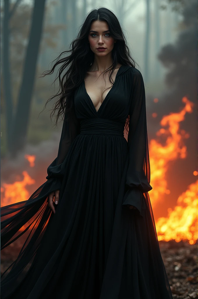 A woman standing in flames and in the forest, Not 20, long black hair, blood red lips, red eyes and a slim figure, her gaze powerful