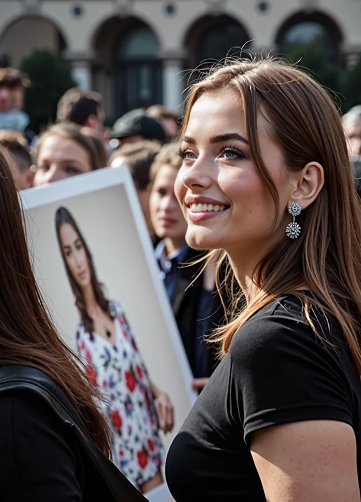 french female painter, 18yo, very tiny, very skinny, anorexic, very small breast, naked, laughing, hugged by armed huge male reporter, among the big male reporters, took a photo with several big male reporters, in the park, very crowded, best quality, 4k, 8k, highres, masterpiece, ultra-detailed, realistic