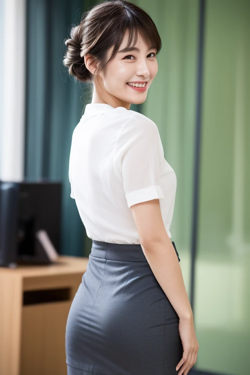 Masterpiece, photo quality, Japanese mature woman, suit, cotton tight skirt, (updo: 1.3), smiling face, bangs, (droopy eyes, gentle eyes: 1.2), beautiful flesh-colored thighs, office, (looking back, back view, looking at the viewer: 1.4), perfect lighting,