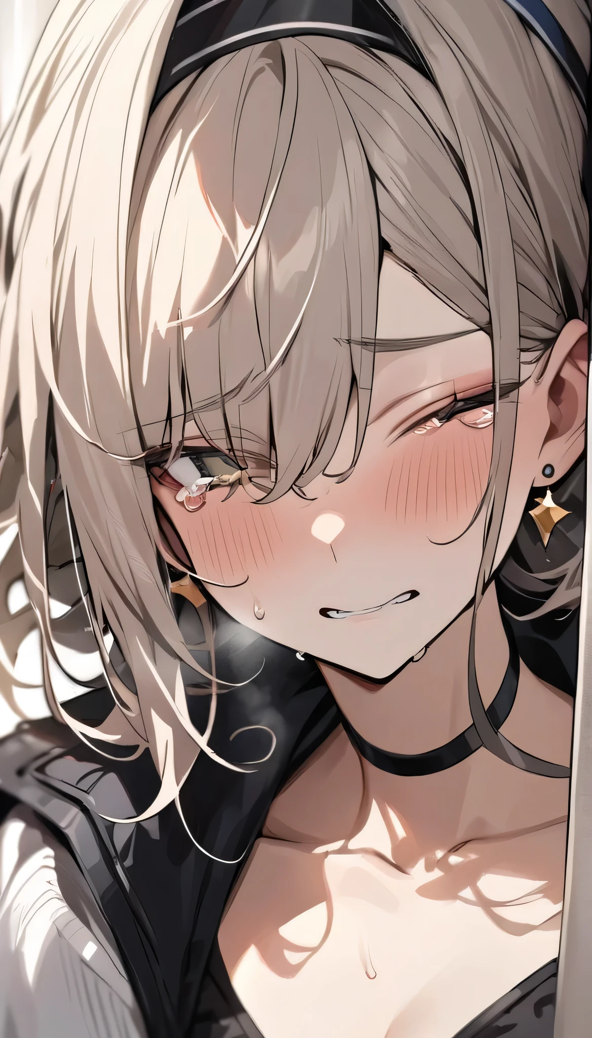 (nsfw),masterpiece,ultra detailed,sharp focus,hyperrealistic, [ 4 k digital art ]!!,(tanned skin gyaru),seductive realistic female,mature beautiful face,mature female lying on back,light brown  short hair,trembling,from above,glacing at viewer,thick make-up,face focus,in heat,orgasm,crossed eyes,sweaty,saliva,painful o-face
