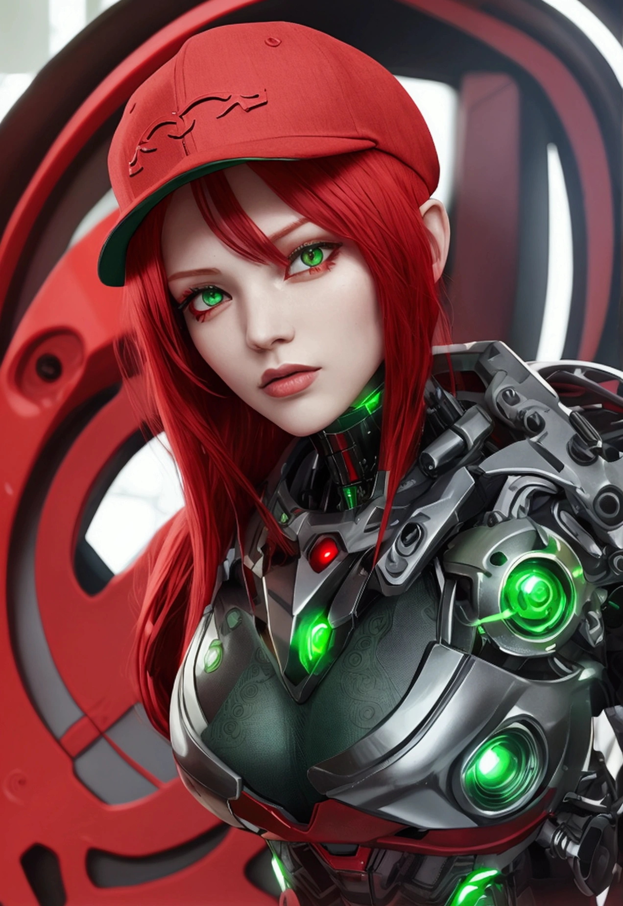 Cyborg red hat with green and red cybernetic eyes  