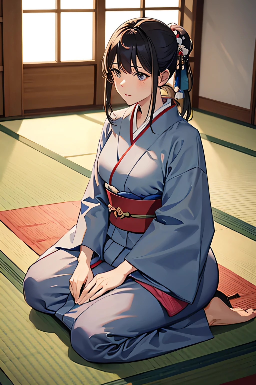 Anime girl sitting on the floor in a kimono - SeaArt AI